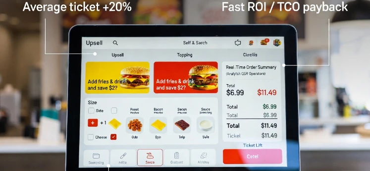 Restaurant self-service kiosk interface demonstrating upsell capture, modifier prompts, and ticket lift for QSR operators calculating total cost of ownership and ROI